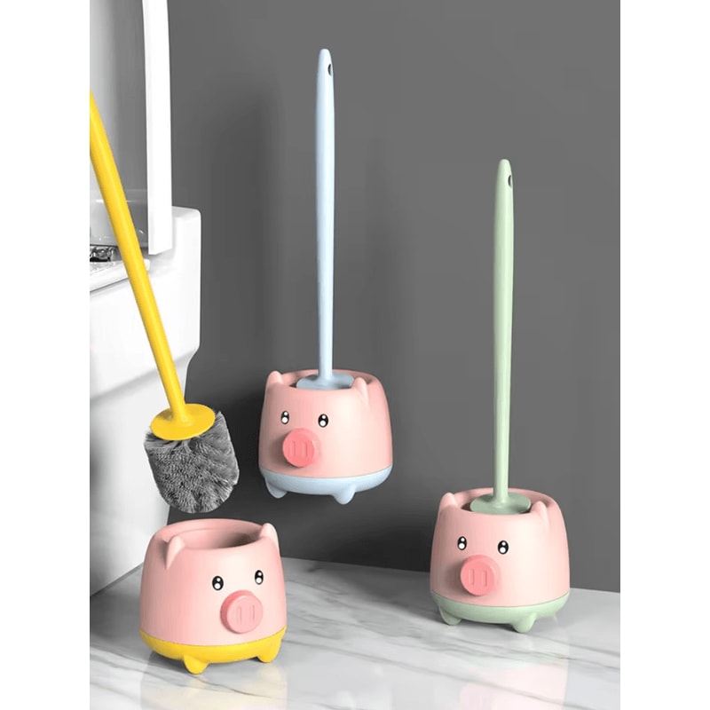 Cute Piglet Toilet Brush Set WallHanging NoDeadCorner Cleaning Magic 0
