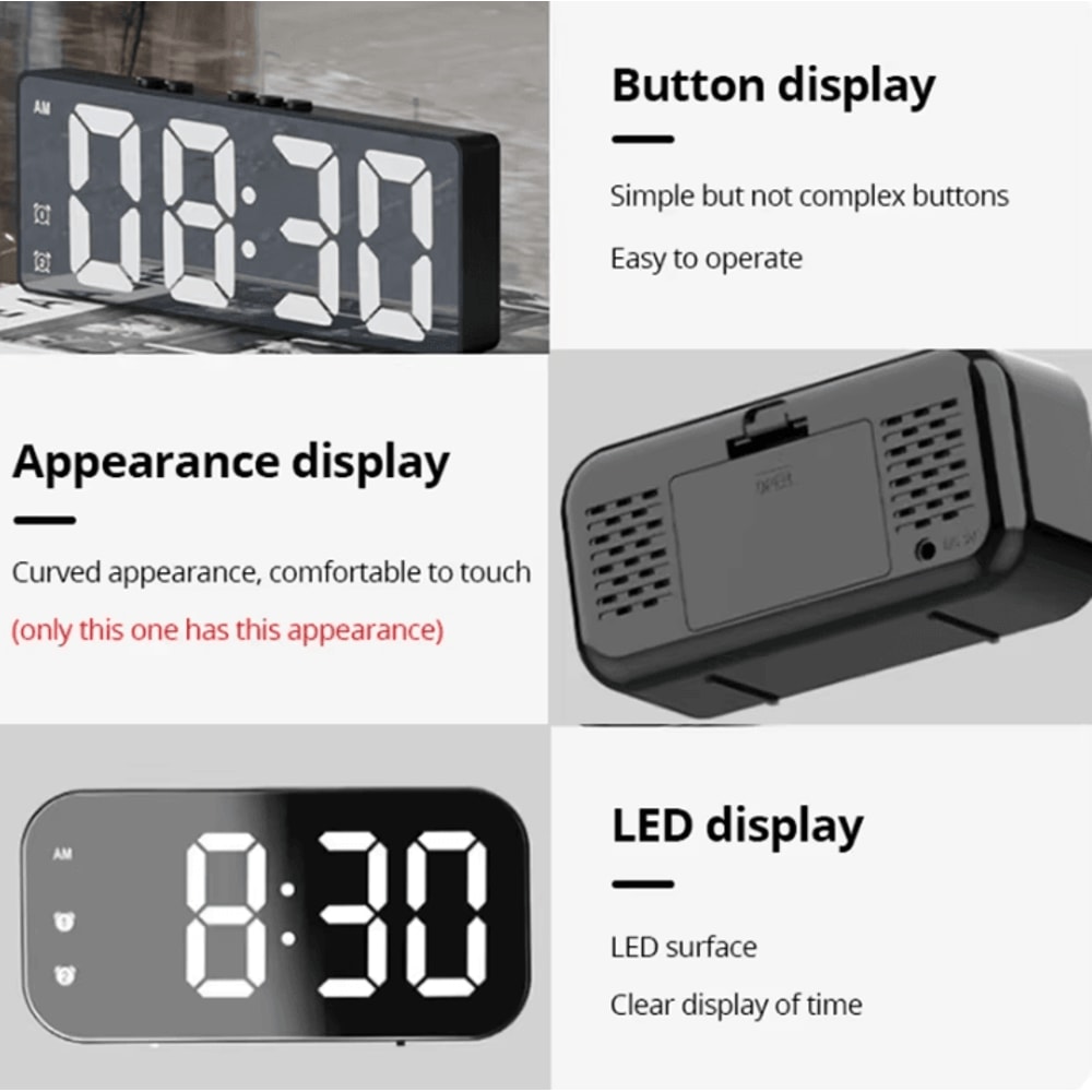 LED Digital Mirror Table Clock Alarm Time Display Electronic Desktop Clock 4
