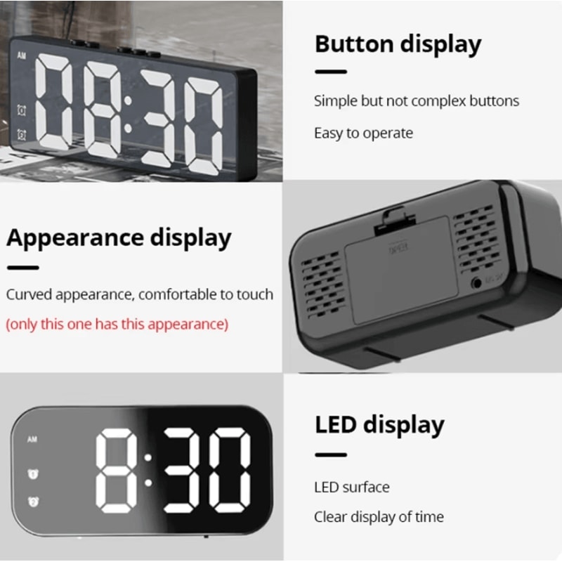 LED Digital Mirror Table Clock Alarm Time Display Electronic Desktop Clock 4