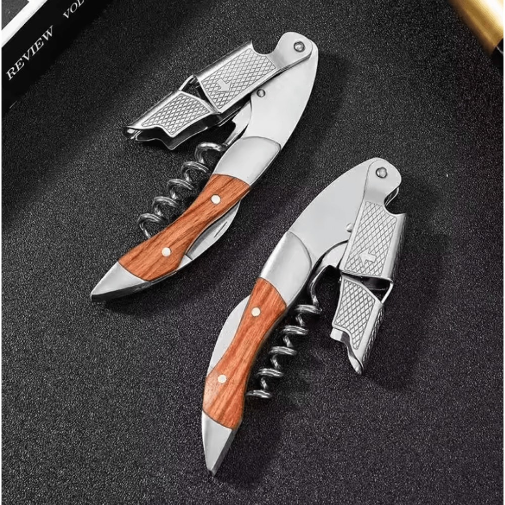 Stainless Steel Wine Corkscrew With Wood Handle Professional Portable Bottle Opener 2