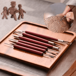 6-piece double-ended pottery tools set for clay sculpting, carving & repair with red wood handles and wire knife