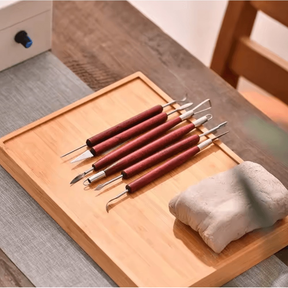 6Piece DoubleEnded Pottery Tools Set For Clay Sculpting Carving Repair With Red Wood Handles And W 2