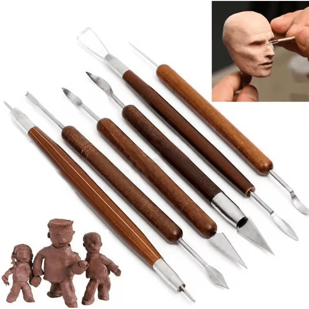 6Piece DoubleEnded Pottery Tools Set For Clay Sculpting Carving Repair With Red Wood Handles And W 3