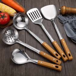 stainless steel kitchen tools set with wood grain handle – spatula, spoon & leaky shovel cooking utensi