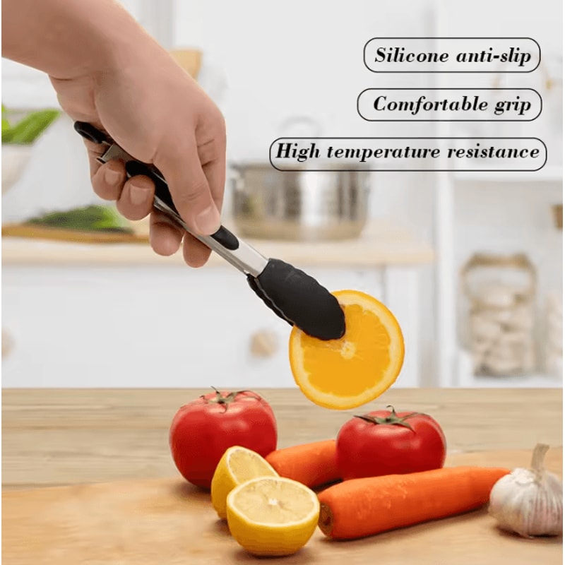 7Inches Black Silicone Food Tongs With Stainless Steel Body BBQ Grilling Tongs For Camping And Out 2