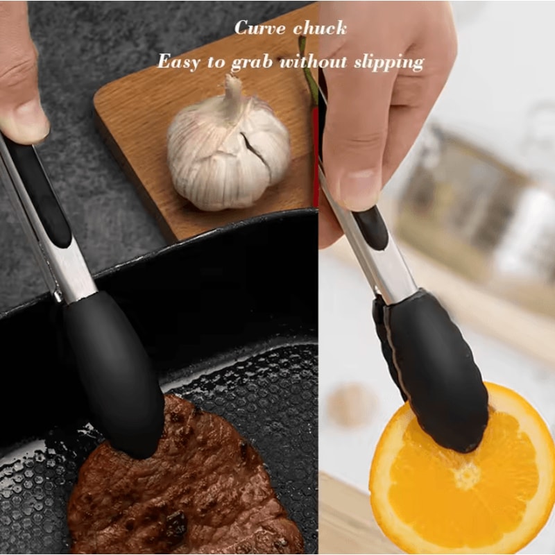 7Inches Black Silicone Food Tongs With Stainless Steel Body BBQ Grilling Tongs For Camping And Out 3