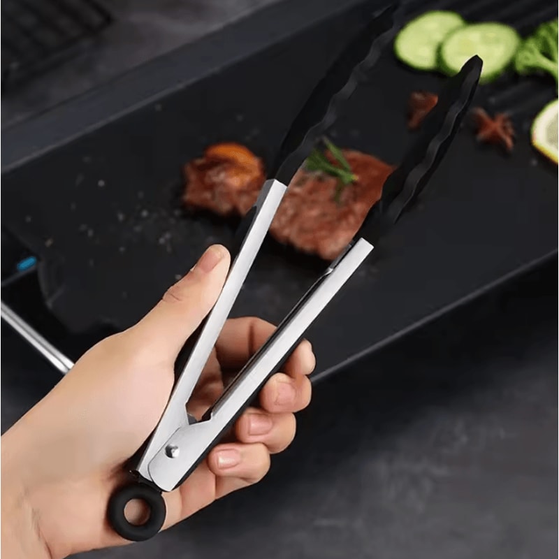 7Inches Black Silicone Food Tongs With Stainless Steel Body BBQ Grilling Tongs For Camping And Out 4