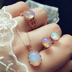 3-piece natural opal jewelry set – crystal gemstone pendant necklace, earrings & ring