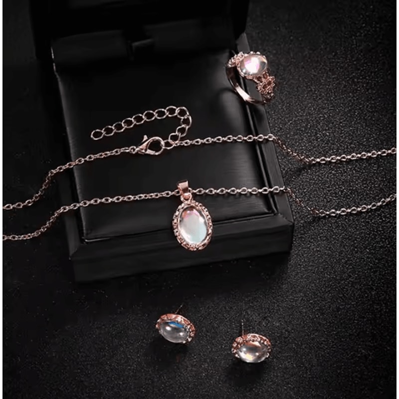 3Piece Natural Opal Jewelry Set Crystal Gemstone Pendant Necklace Earrings Ring 3