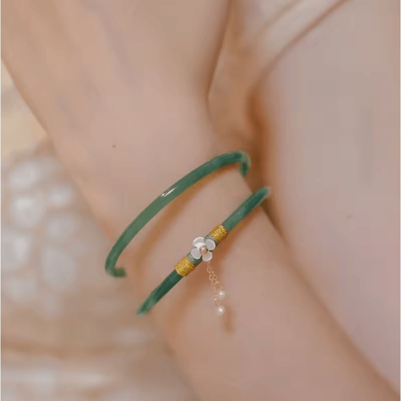 2Piece Natural Jade Bangle Bracelet Set Chinese Style Womens Charm Wedding Gift Jewelry 1