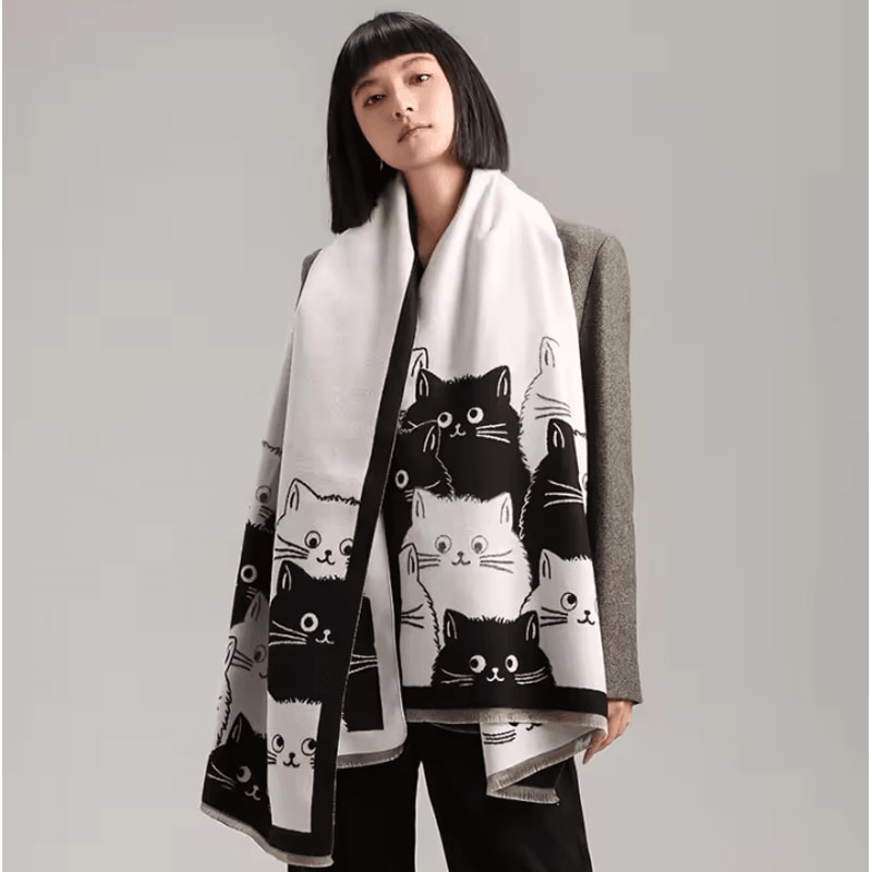 Cute Cat Jacquard Cashmere Pashmina Scarf Thick Winter Warmth Shawl Coldproof Blanket 1