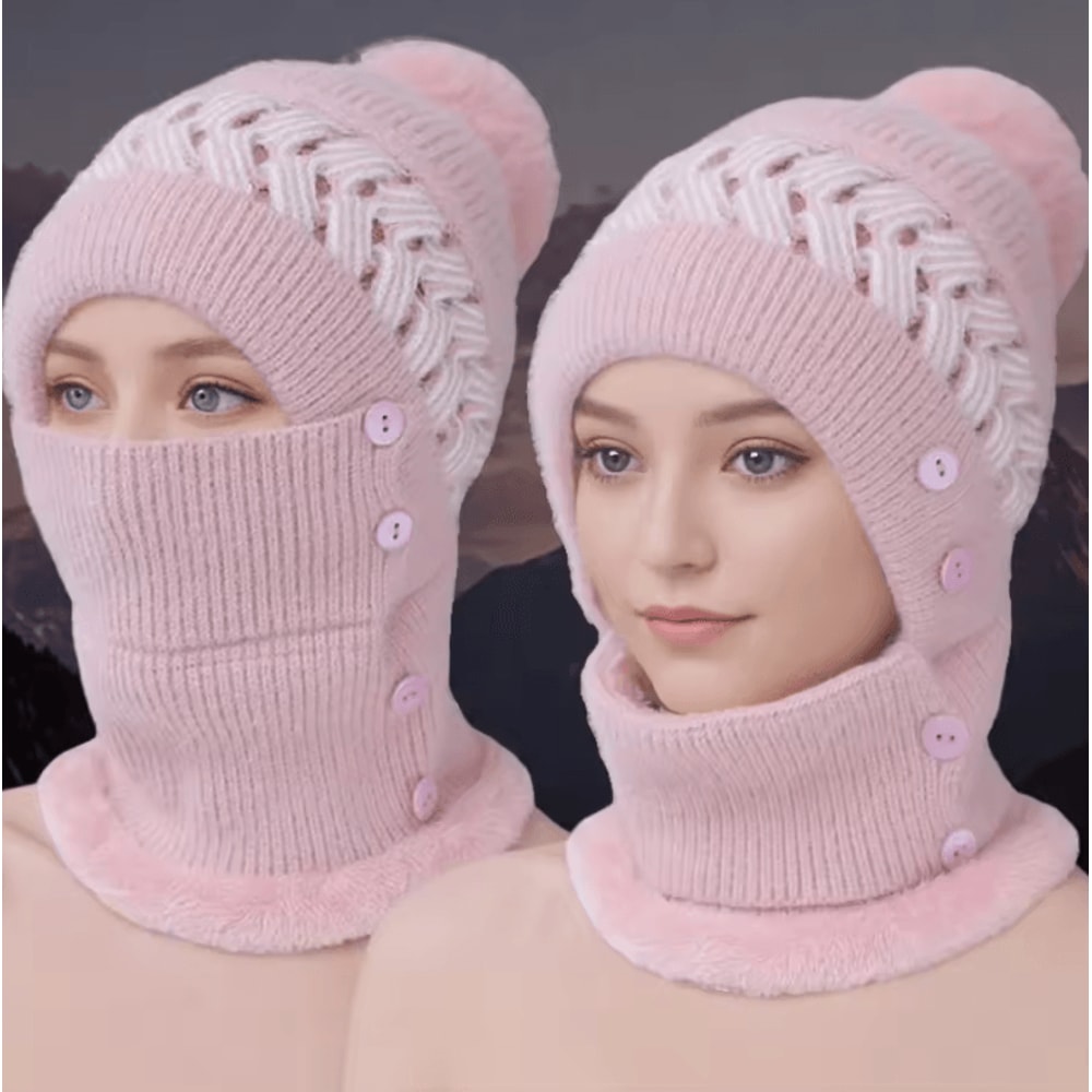 Plush Fur Lined Winter Warm Hat With Balaclava Cute Pompoms Coldproof Cap For Women 21652283 In 0