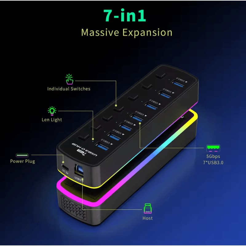 RGB USB 30 Hub 7Port With Individual OnOff Switches High Speed USB Extension Docking Station 1