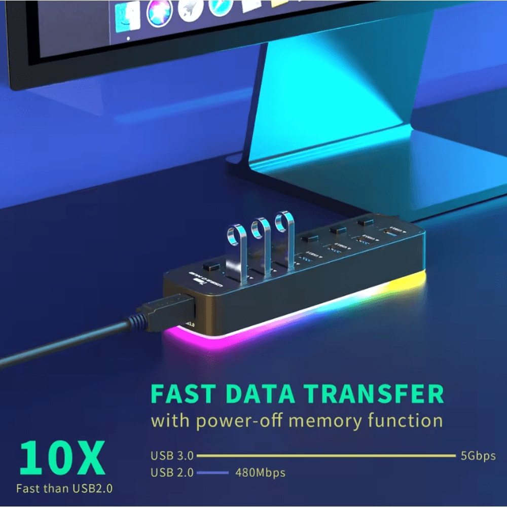RGB USB 30 Hub 7Port With Individual OnOff Switches High Speed USB Extension Docking Station 2