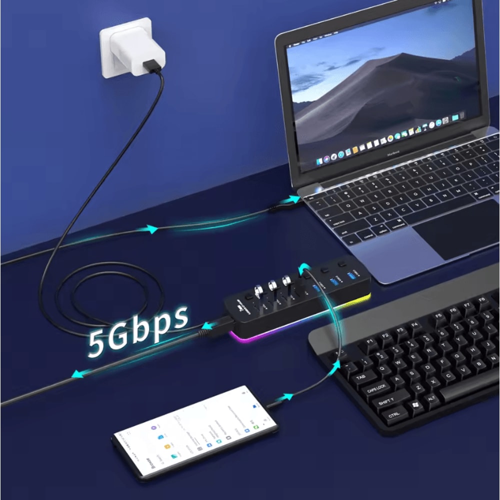 RGB USB 30 Hub 7Port With Individual OnOff Switches High Speed USB Extension Docking Station 4