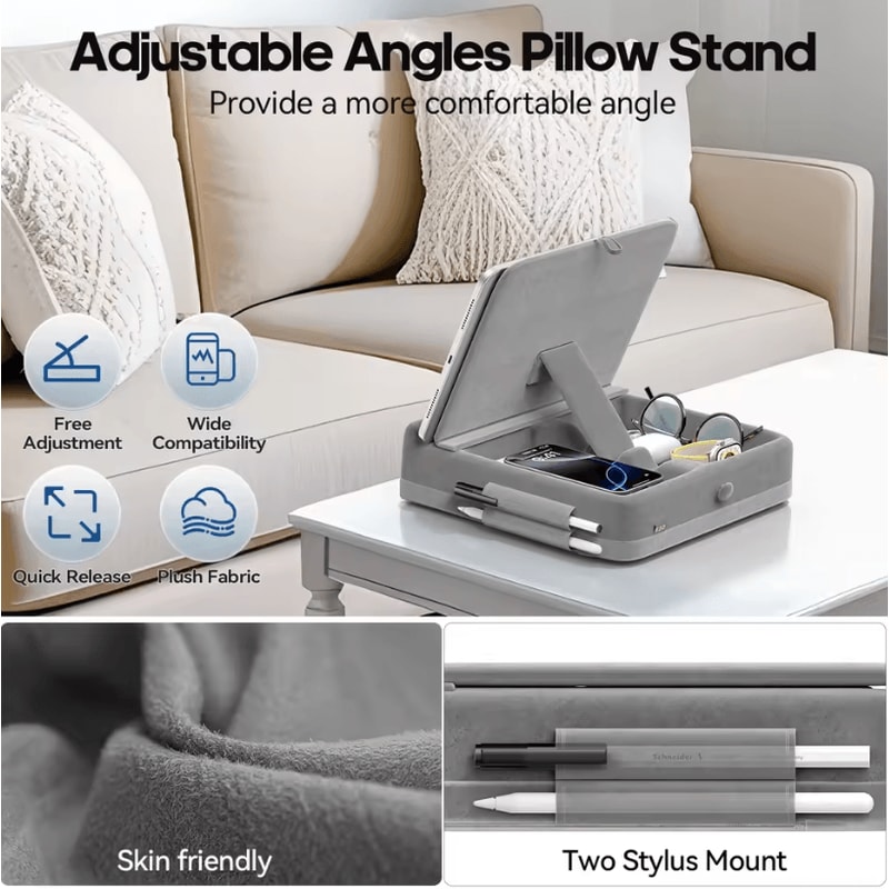 Foldable Tablet Pillow Stand With Storage Adjustable IPad Holder For Bed Lap Desk 1
