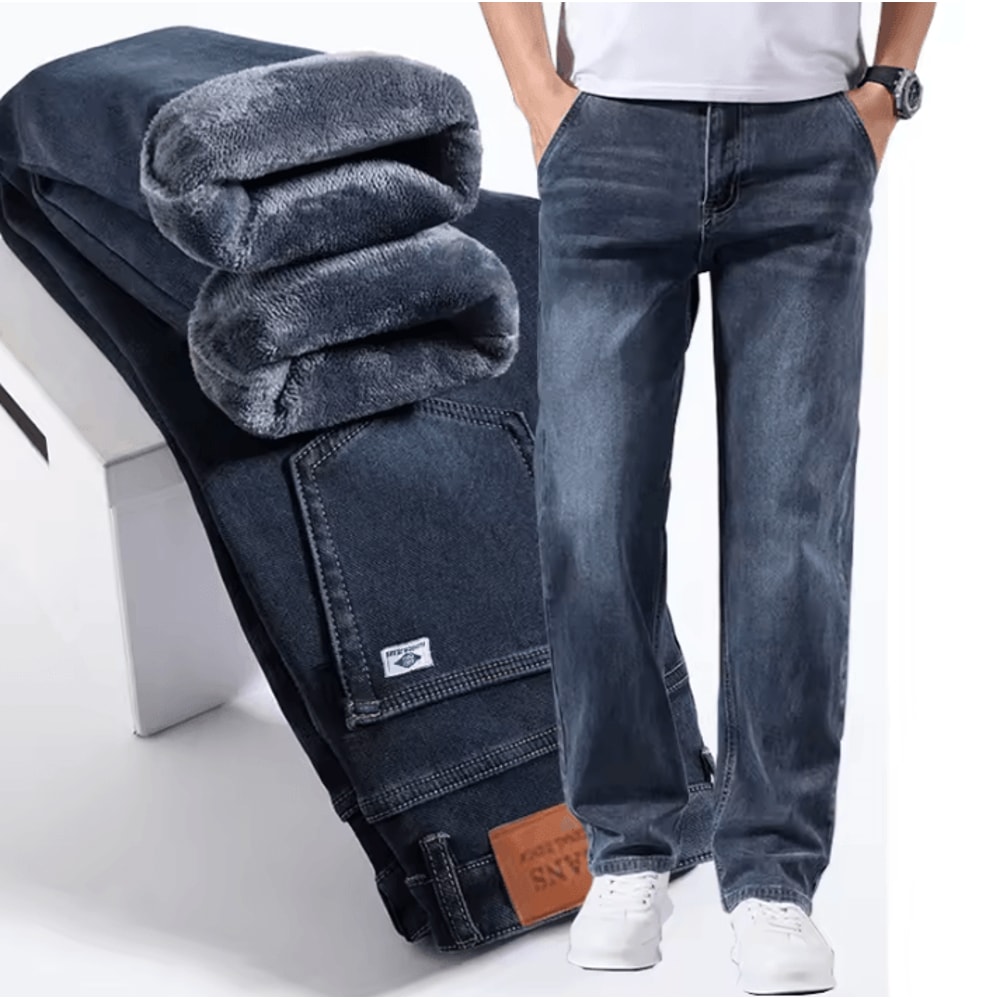Mens Winter Warm Fleece Lined Stretch Casual Jeans Lightweight Thermal Trousers For Office Daily 0