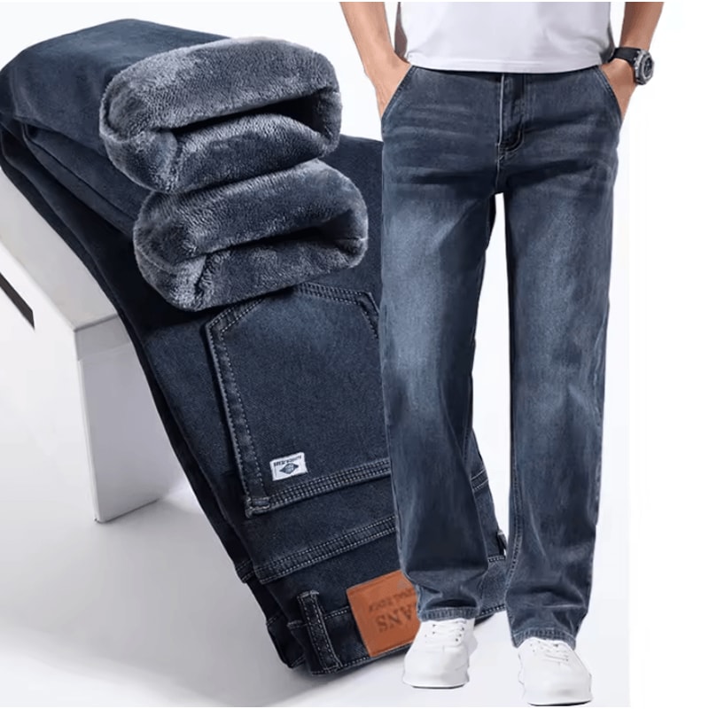 Mens Winter Warm Fleece Lined Stretch Casual Jeans Lightweight Thermal Trousers For Office Daily 0