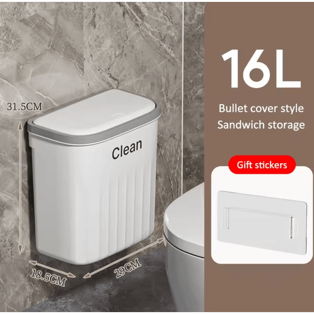 1216L Wall Mounted Press Type Trash Can Bathroom Kitchen Garbage Bin With Lid 8