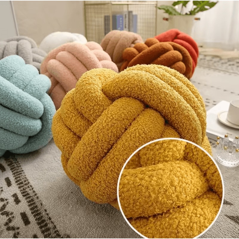 SunKnot 87x87Inch Handmade Knotted Plush Pillow Yellow Round Decorative Cushion For Sofa Home Dec 0