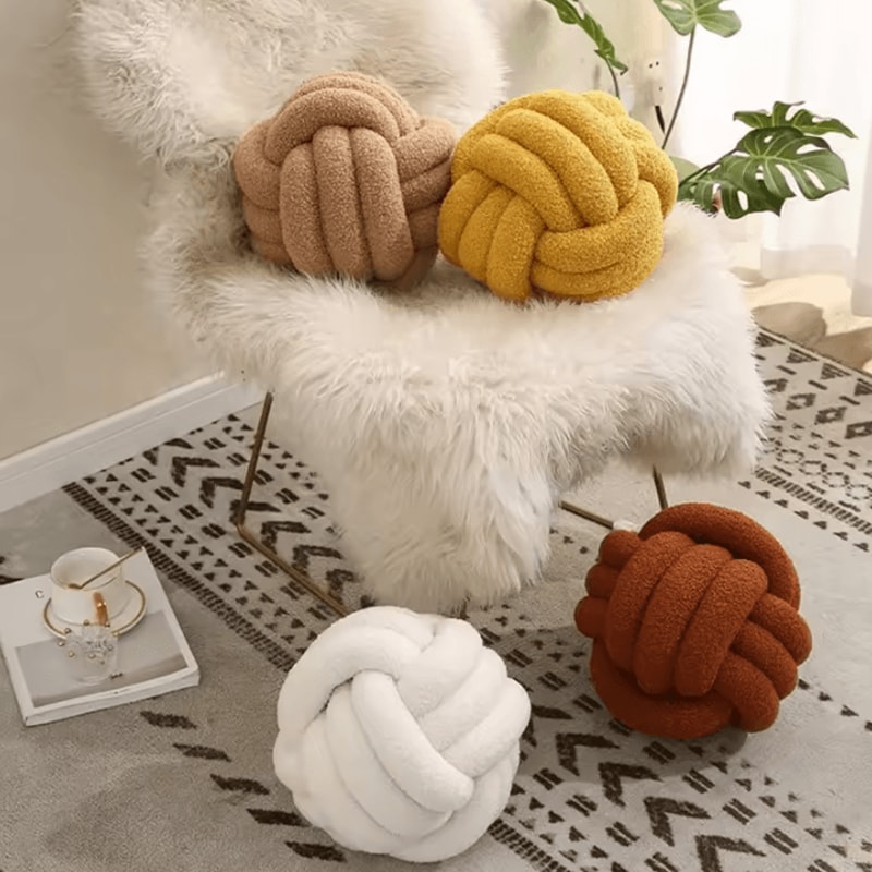 SunKnot 87x87Inch Handmade Knotted Plush Pillow Yellow Round Decorative Cushion For Sofa Home Dec 4