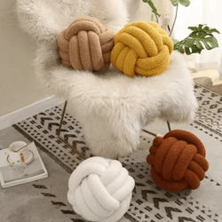 cozyknot woven ball cushion with backrest – plush round decorative pillow for sofa & bed