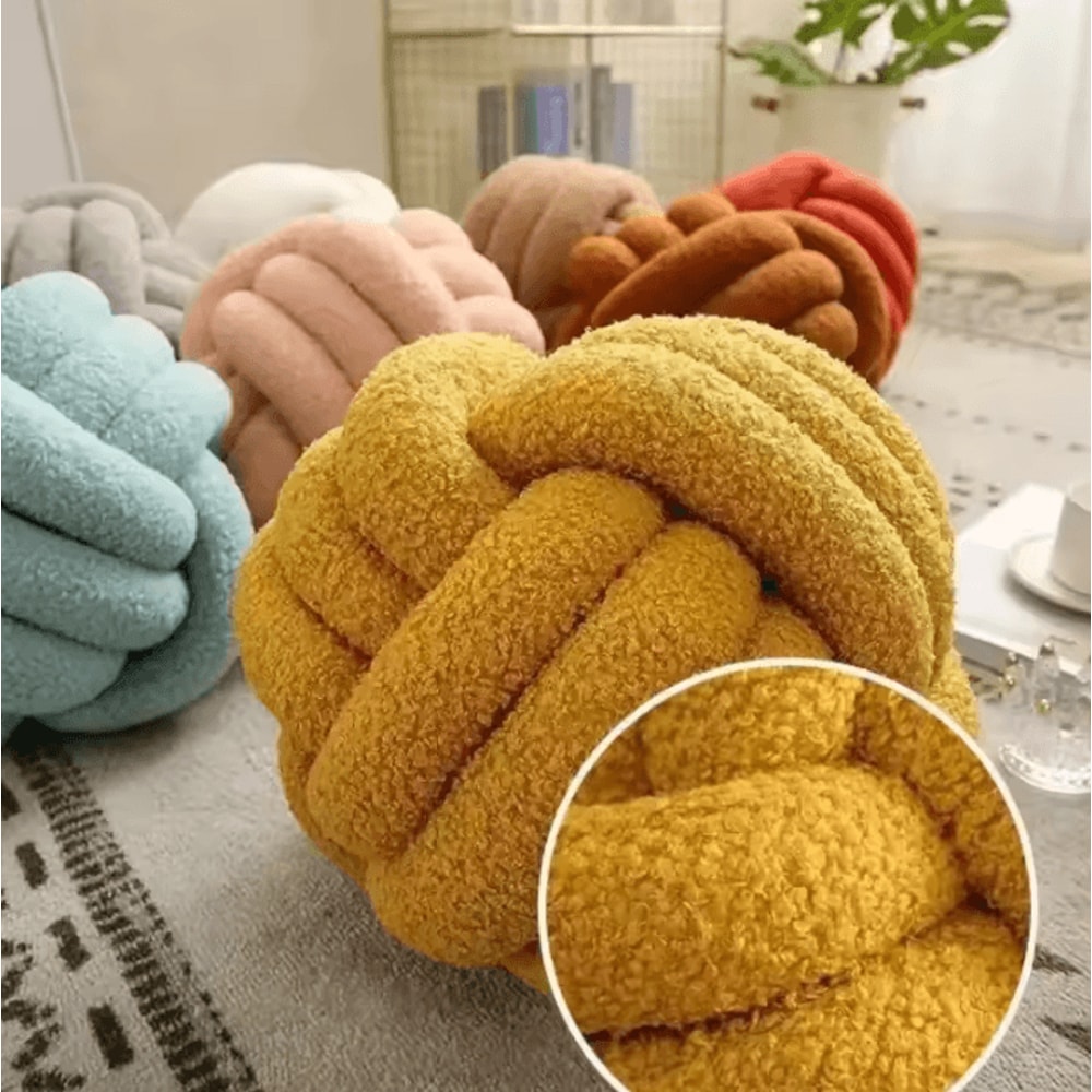 CozyKnot Woven Ball Cushion With Backrest Plush Round Decorative Pillow For Sofa Bed 2