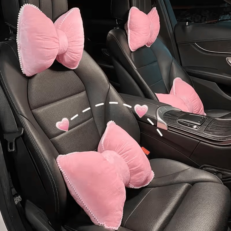 CozyDrive Plush Car Headrest Lumbar Pillow Pink Cartoon Bowknot Neck Waist Support Cushion 0
