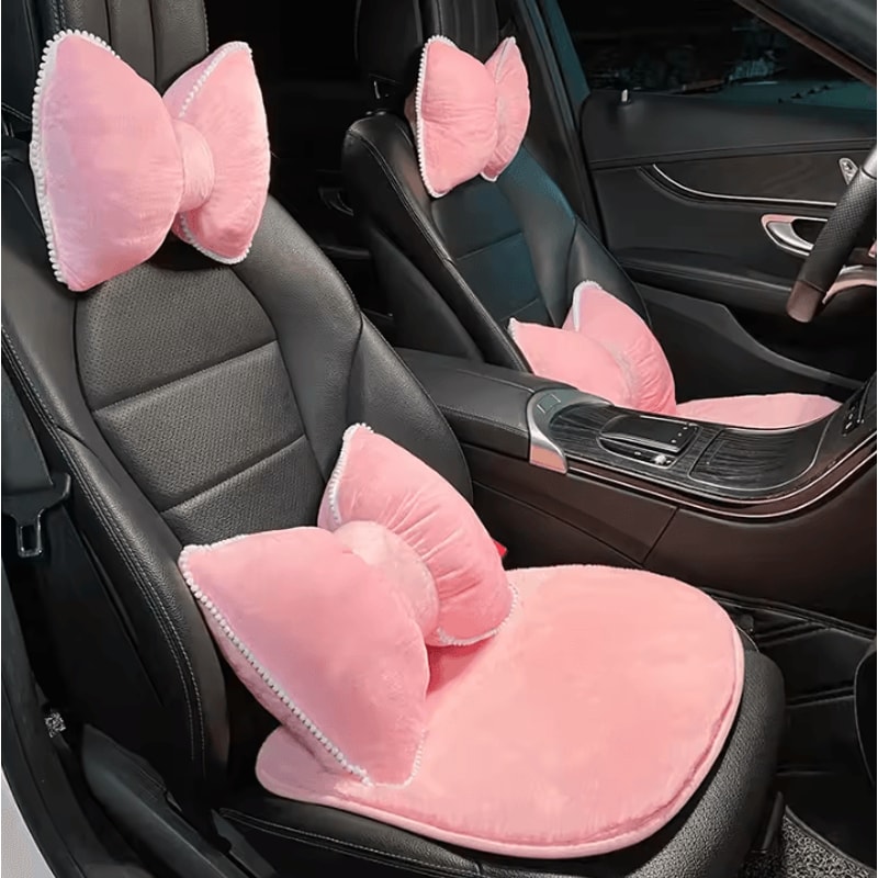 CozyDrive Plush Car Headrest Lumbar Pillow Pink Cartoon Bowknot Neck Waist Support Cushion 1