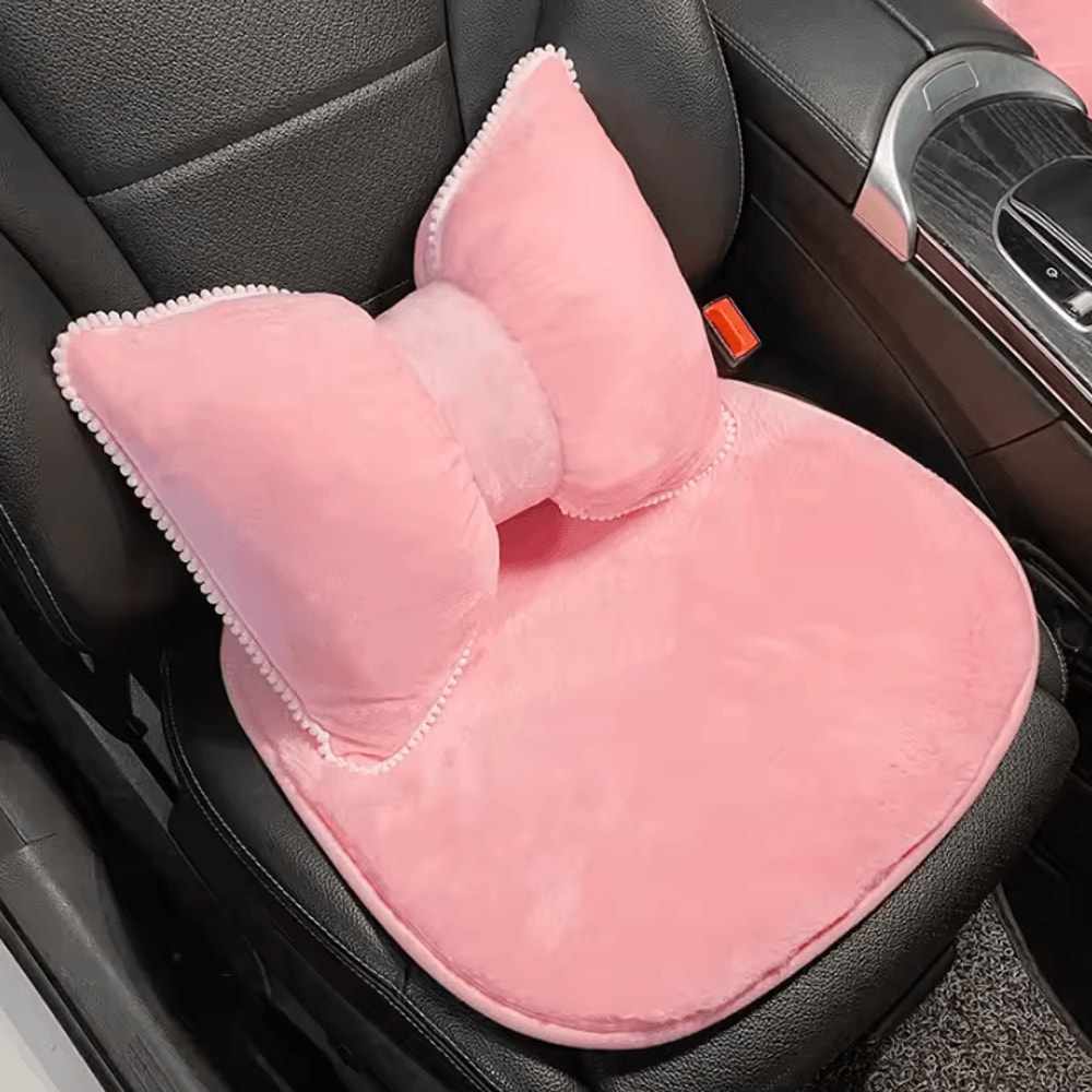 CozyDrive Plush Car Headrest Lumbar Pillow Pink Cartoon Bowknot Neck Waist Support Cushion 2