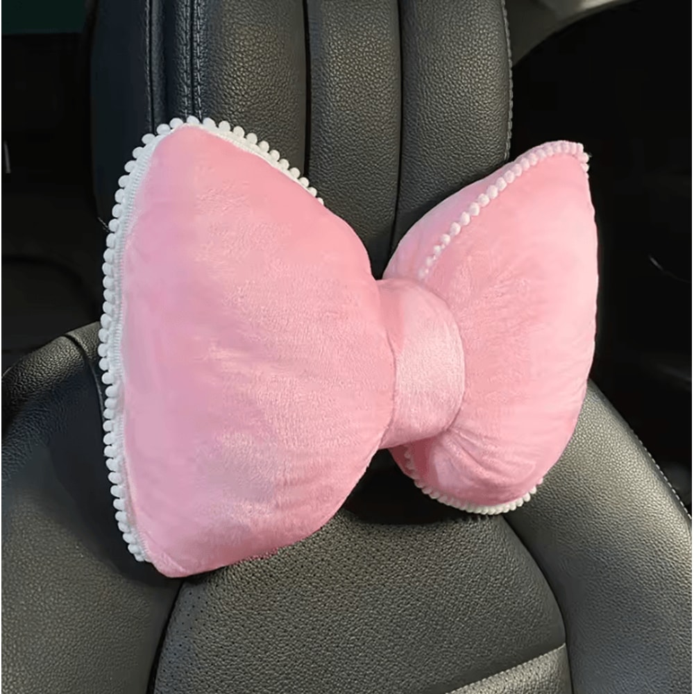 CozyDrive Plush Car Headrest Lumbar Pillow Pink Cartoon Bowknot Neck Waist Support Cushion 3
