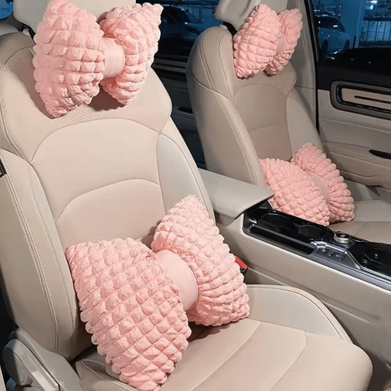 PinkJoy Plush Car Neck Lumbar Pillow Cute Bowknot Headrest Support For Car Interior Comfort 0