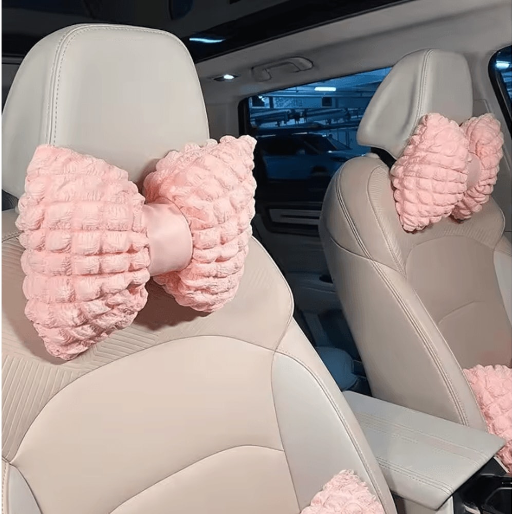 PinkJoy Plush Car Neck Lumbar Pillow Cute Bowknot Headrest Support For Car Interior Comfort 2