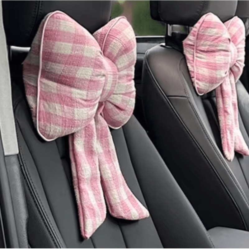 PinkBloom Plush Car Neck Rest Pillow Bowknot Car Headrest Cushion For Women 1