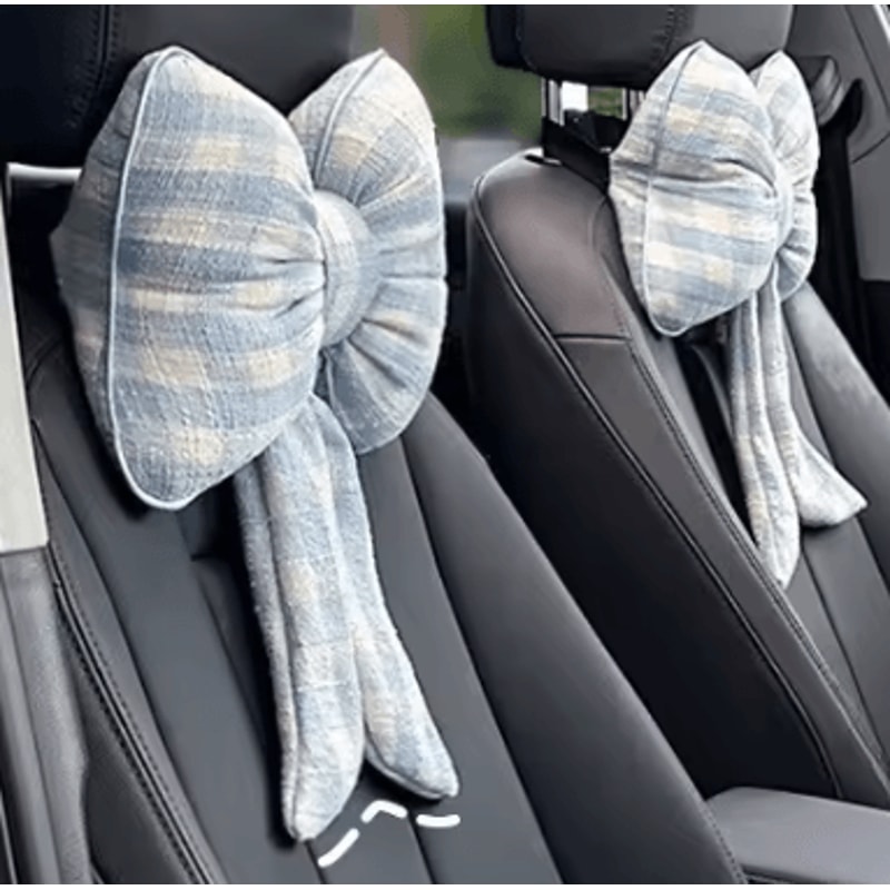 PinkBloom Plush Car Neck Rest Pillow Bowknot Car Headrest Cushion For Women 2