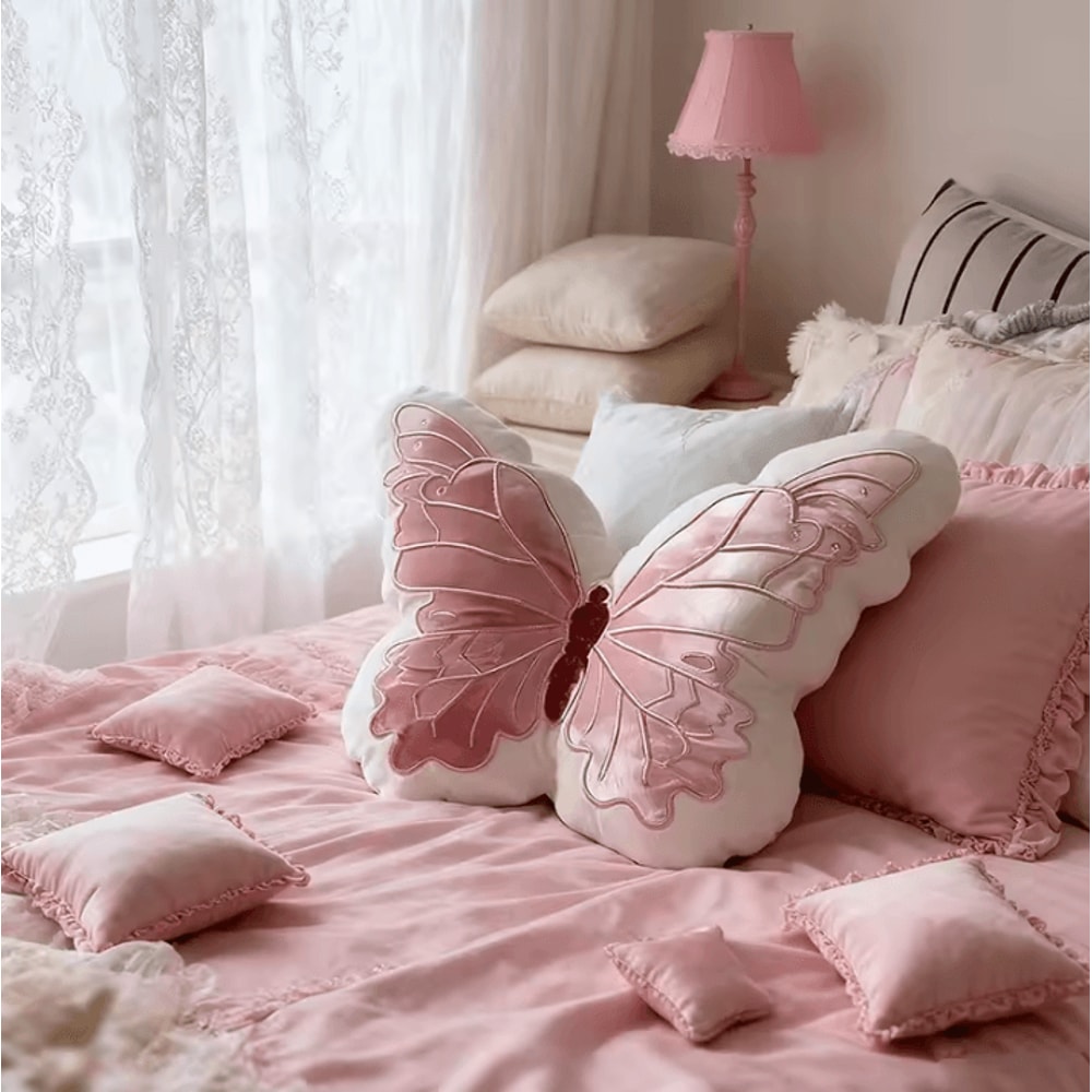 ButterflyCharm Plush Butterfly Shape Pillow Soft Pink Chair Bedside Cushion For Home Decor 2
