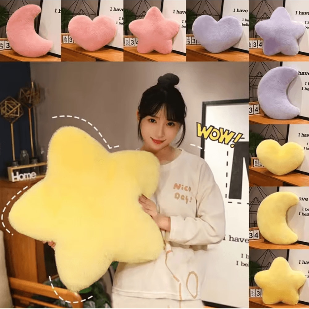 LunaLove Plush Moon Heart Pillow Pink StarPattern Cushion For Sofa Valentines Decor 0