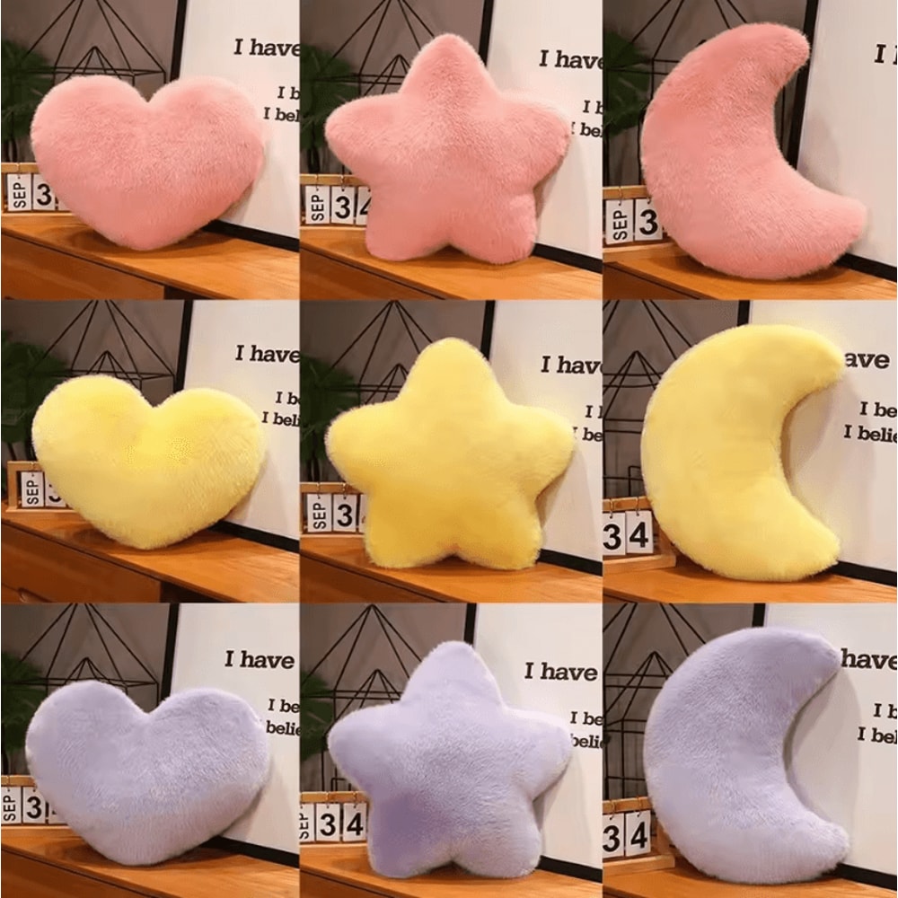 LunaLove Plush Moon Heart Pillow Pink StarPattern Cushion For Sofa Valentines Decor 2