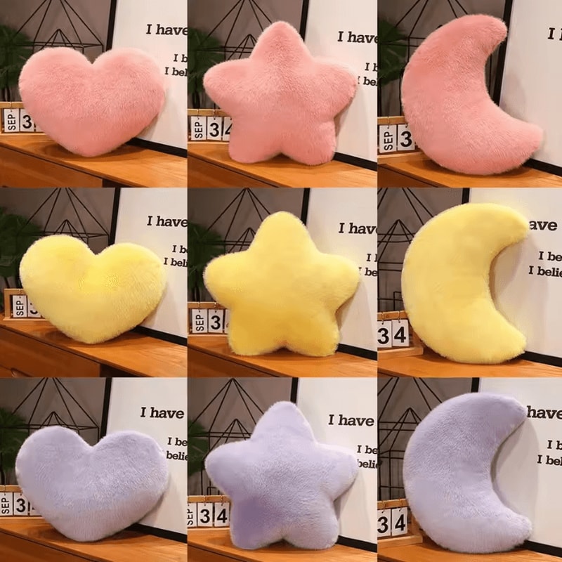 LunaLove Plush Moon Heart Pillow Pink StarPattern Cushion For Sofa Valentines Decor 2