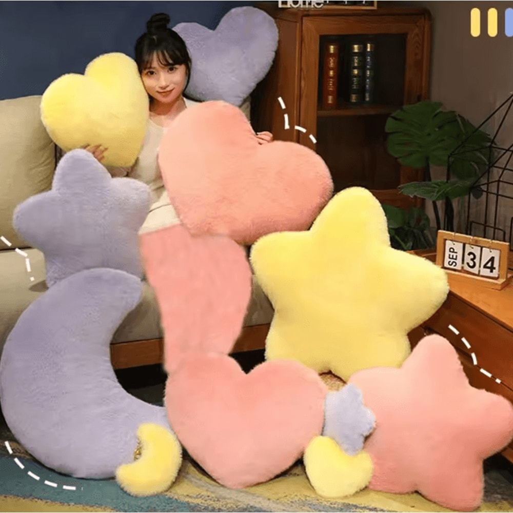 LunaLove Plush Moon Heart Pillow Pink StarPattern Cushion For Sofa Valentines Decor 3