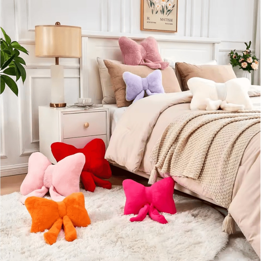DustyBow Plush Decorative Bow Pillow Soft Faux Rabbit Fur 12 Throw Cushion For Aesthetic Home Deco 2