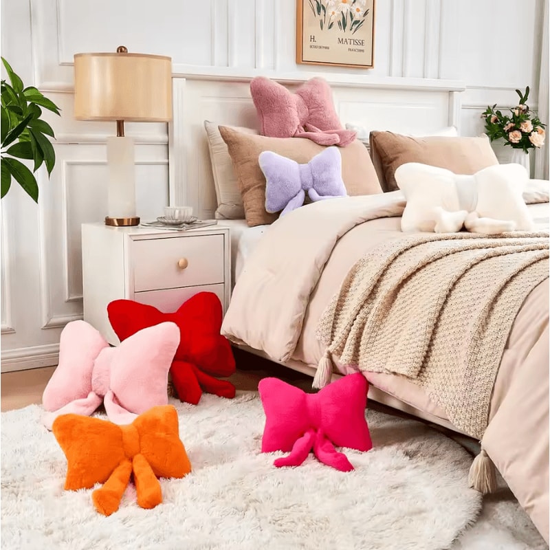 DustyBow Plush Decorative Bow Pillow Soft Faux Rabbit Fur 12 Throw Cushion For Aesthetic Home Deco 2