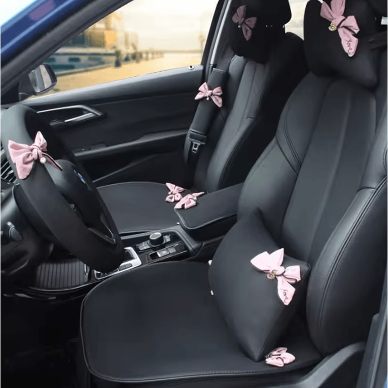 DiamondPink Plush Car Neck Pillow Cute Bow Auto Headrest Lumbar Support Cushion For Women 0