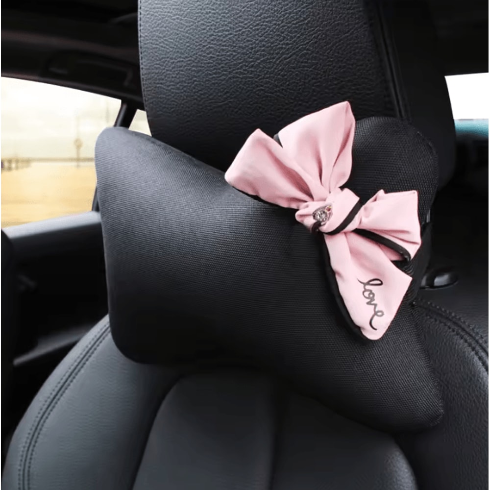 DiamondPink Plush Car Neck Pillow Cute Bow Auto Headrest Lumbar Support Cushion For Women 1