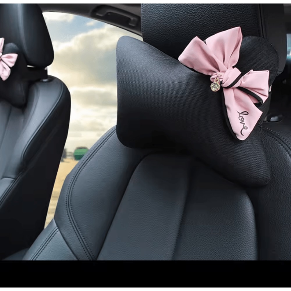 DiamondPink Plush Car Neck Pillow Cute Bow Auto Headrest Lumbar Support Cushion For Women 2