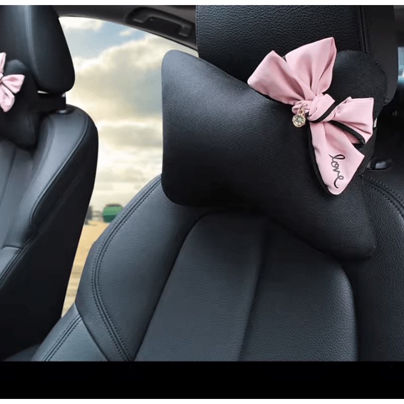 DiamondPink Plush Car Neck Pillow Cute Bow Auto Headrest Lumbar Support Cushion For Women 2