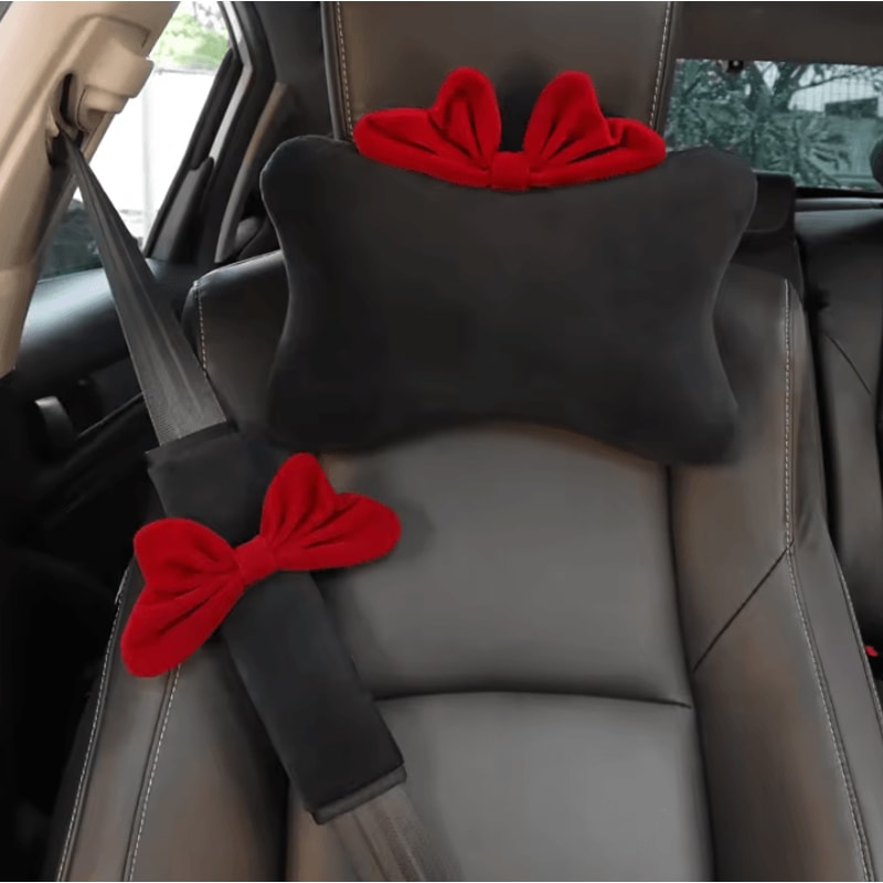 BowRide Plush Car Neck Pillow Cute Red Bowknot Headrest Seatbelt Support Cushion For Women 0