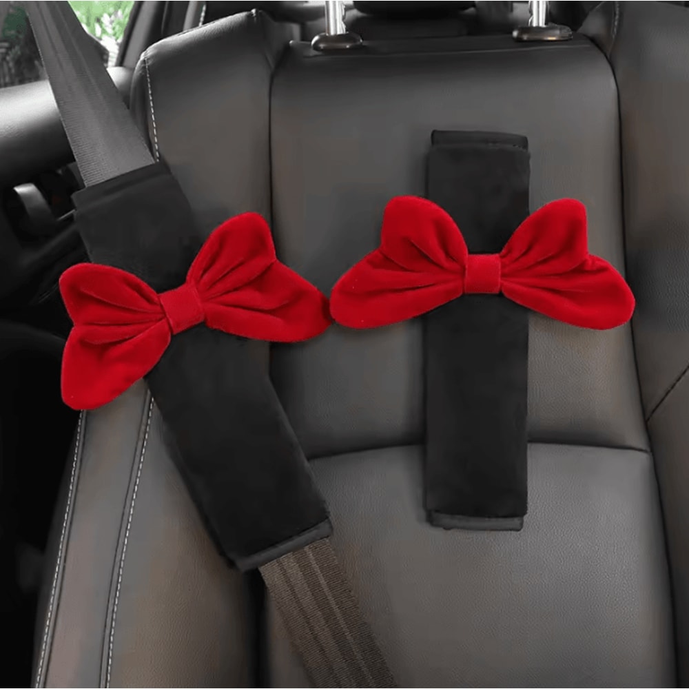 BowRide Plush Car Neck Pillow Cute Red Bowknot Headrest Seatbelt Support Cushion For Women 1