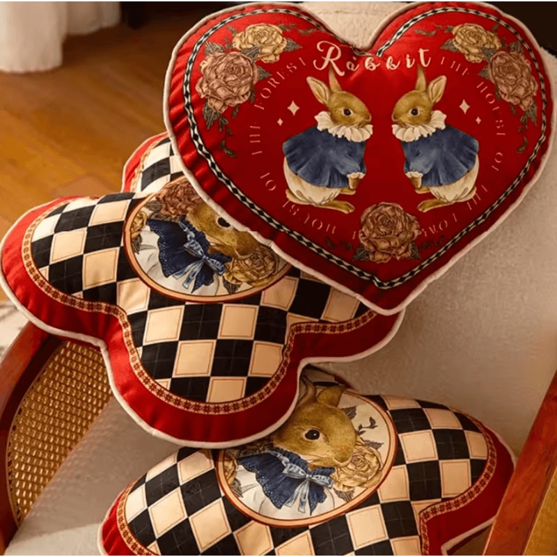 JoyfulHug Plush Heart Rabbit Cushion Red Check Velvet Throw Pillow For Sofa Office 0
