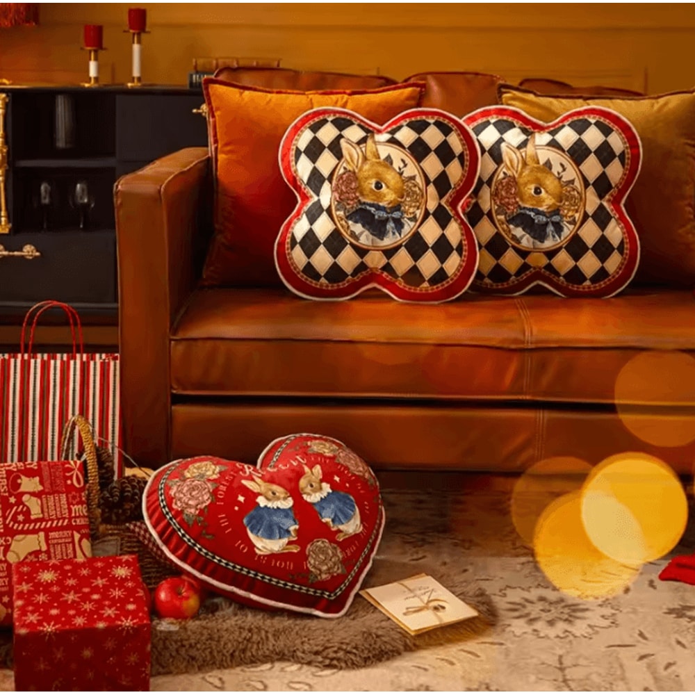 JoyfulHug Plush Heart Rabbit Cushion Red Check Velvet Throw Pillow For Sofa Office 1